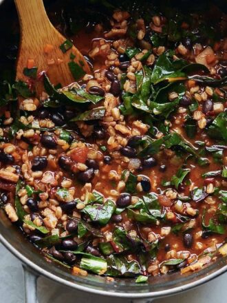 Farro & Black Bean Chili with Swiss Chard & Jack Cheese