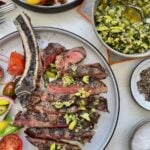 Sliced Rib Eye Steaks with Olive Pepper Salsa Verde